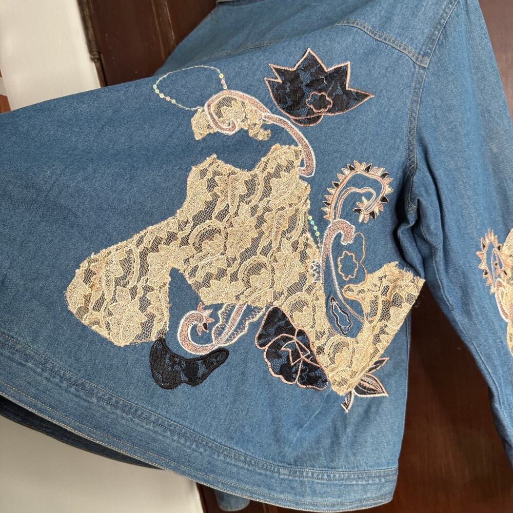 90s Vintage FLORISSANT | Denim Jacket with Lace Applique and sequins | 2XL - Picture 6 of 6
